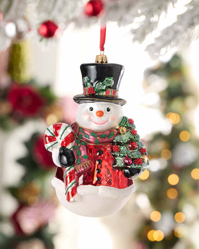 Elegant Snowman with Candy Cane and Tree Christmas Ornament